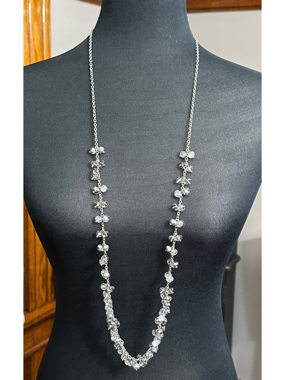 NY & Co Necklace Women 41" Silver Tone Iridescent Faceted Beaded Long Jewelry